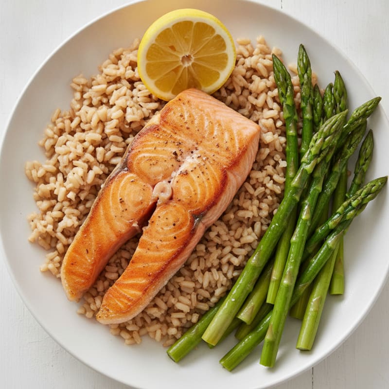 Seared Salmon with Steamed Asparagus and Brown Rice