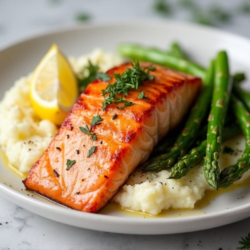Seared Salmon Fillet with Roasted Asparagus and Cauliflower Mash
