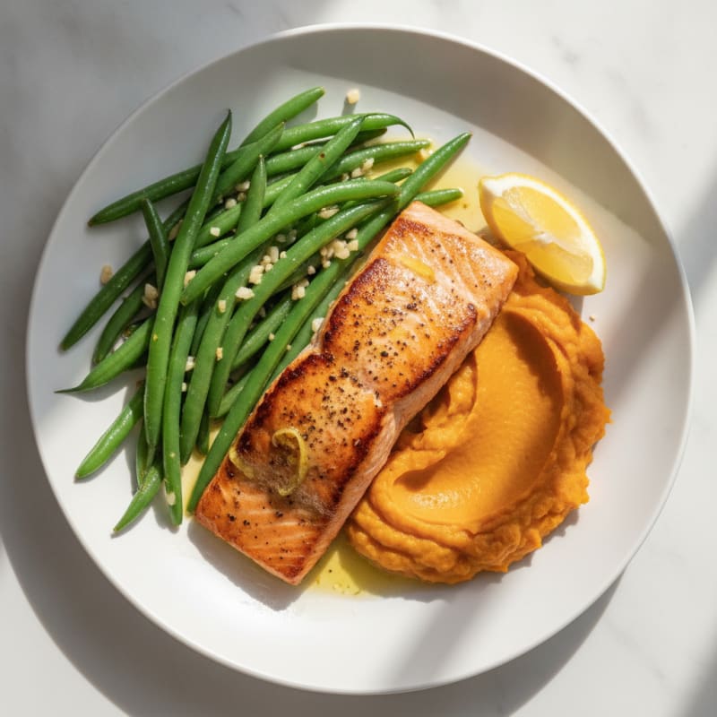 Seared Salmon with Garlic Green Beans and Sweet Potato Mash