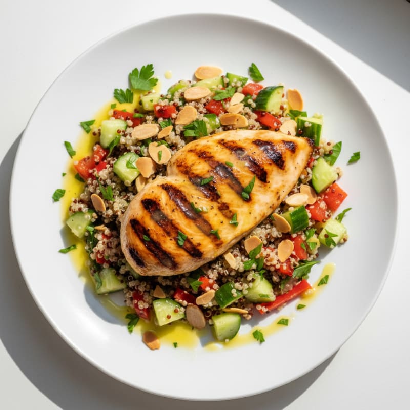 Grilled Chicken Breast with Crunchy Quinoa Salad and Lemon Vinaigrette