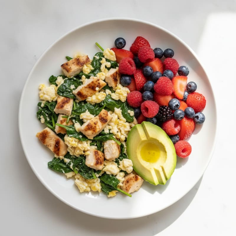 Egg White and Spinach Scramble with Grilled Chicken and Mixed Berries
