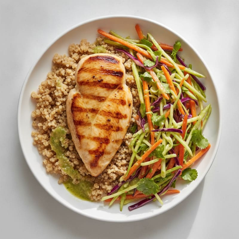 Grilled Chicken Breast with Crunchy Vegetable Slaw and Quinoa