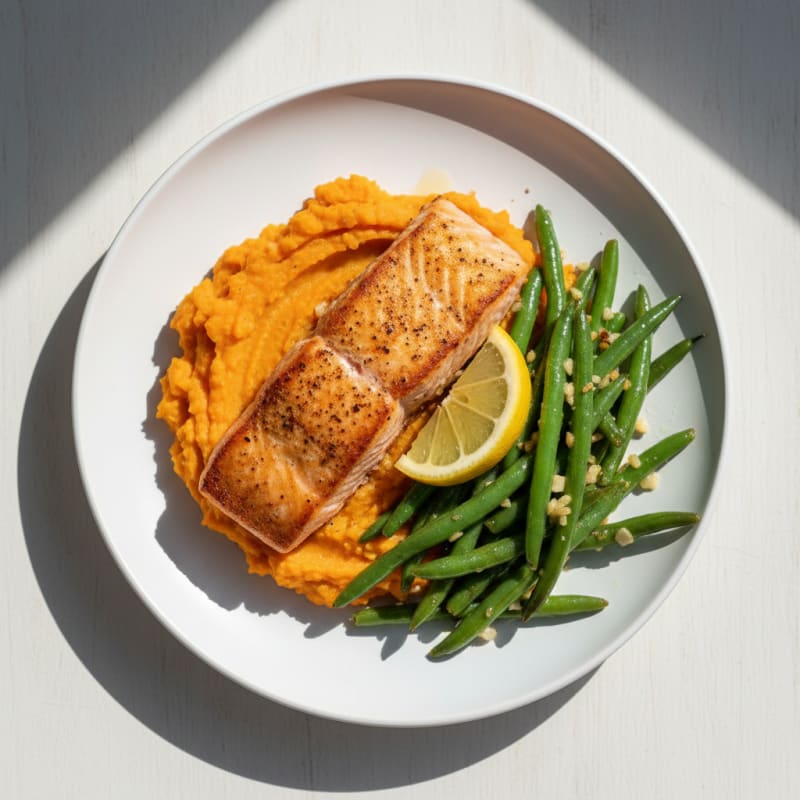 Seared Salmon with Garlic Green Beans and Sweet Potato Mash