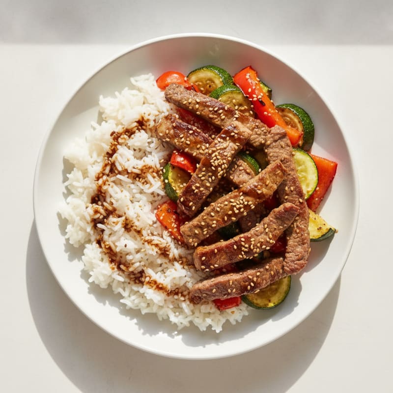 Seared Beef Strips with Roasted Vegetables and Jasmine Rice