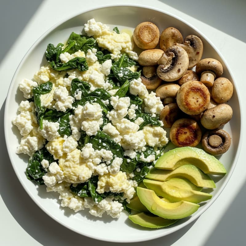 Egg White Spinach Scramble with Cottage Cheese and Sautéed Mushrooms