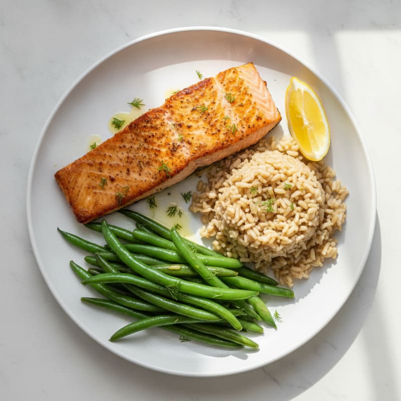 Seared Salmon with Steamed Green Beans and Brown Rice