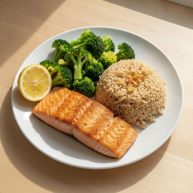 Seared Salmon with Steamed Broccoli and Garlic Brown Rice