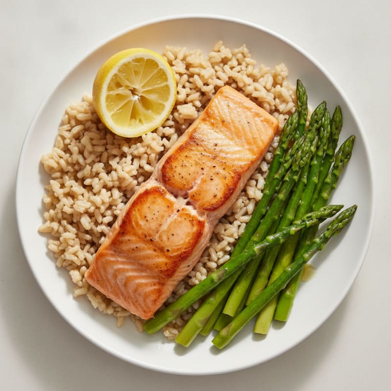 Seared Salmon with Steamed Asparagus and Brown Rice