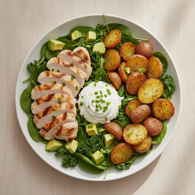 Grilled Chicken and Roasted Potato Bowl with Mixed Greens