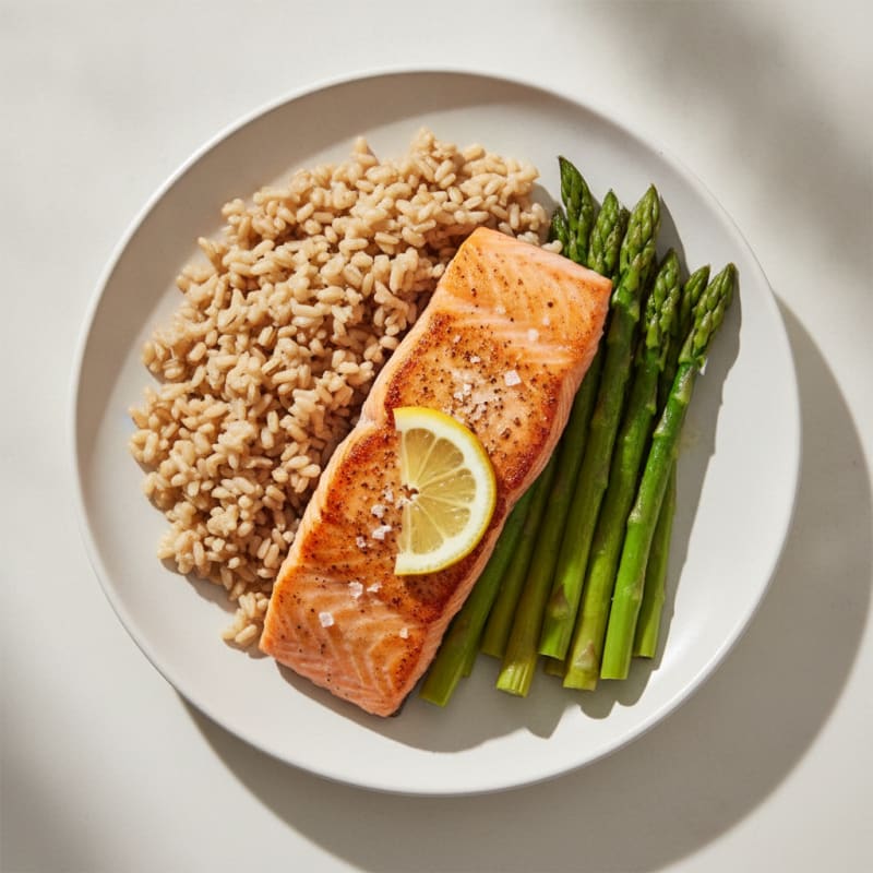 Seared Salmon with Steamed Asparagus and Brown Rice
