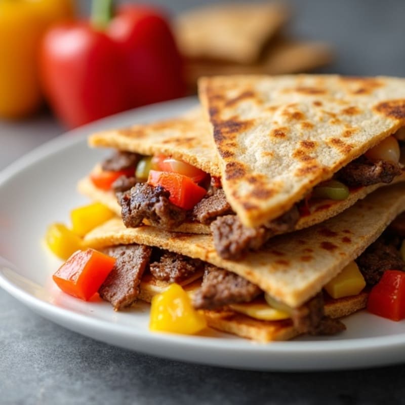 Crispy Whole Wheat Steak Quesadillas with Sautéed Peppers and Onions