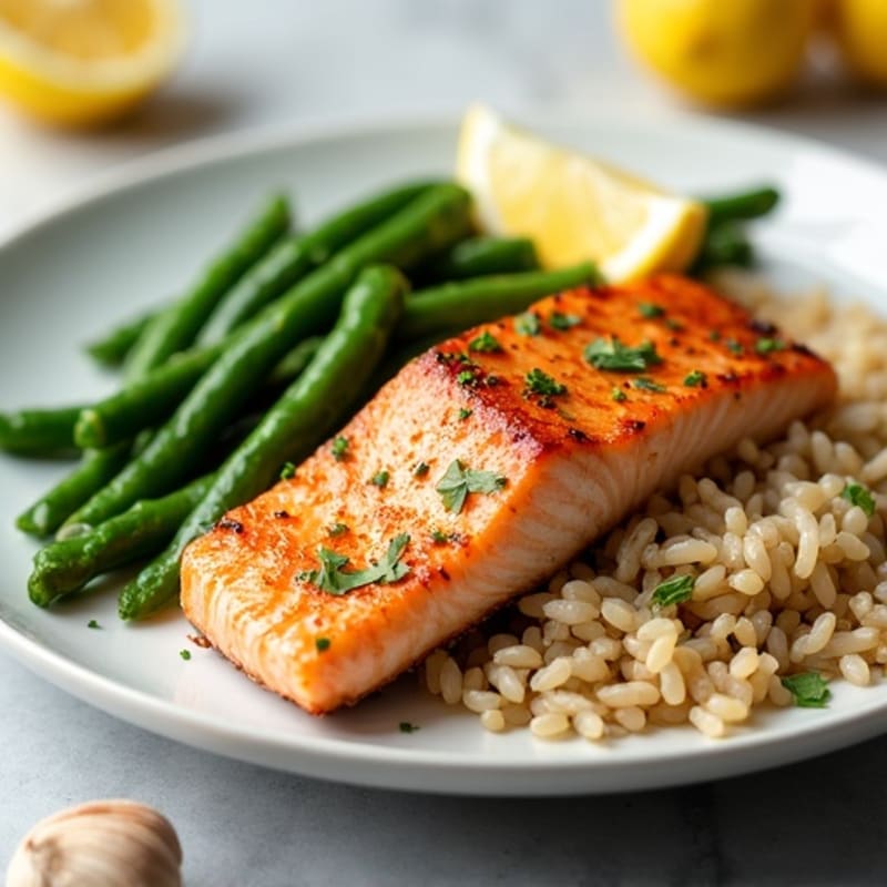 Seared Salmon with Garlic Green Beans and Brown Rice
