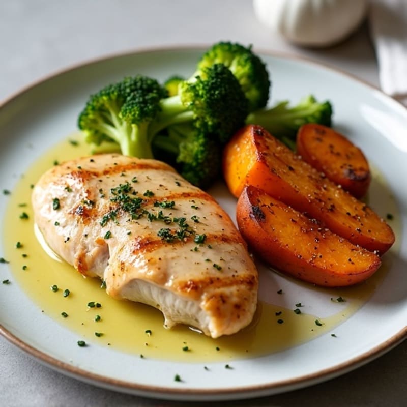 Garlic Herb Baked Chicken with Roasted Sweet Potatoes and Crispy Broccoli