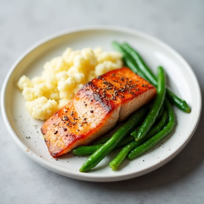 Seared Salmon with Steamed Green Beans and Cauliflower Mash