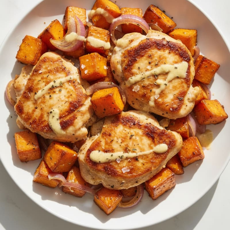 Yogurt-Marinated Chicken Thighs with Roasted Sweet Potatoes