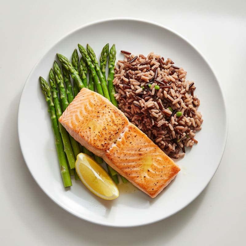 Seared Salmon with Steamed Asparagus and Wild Rice