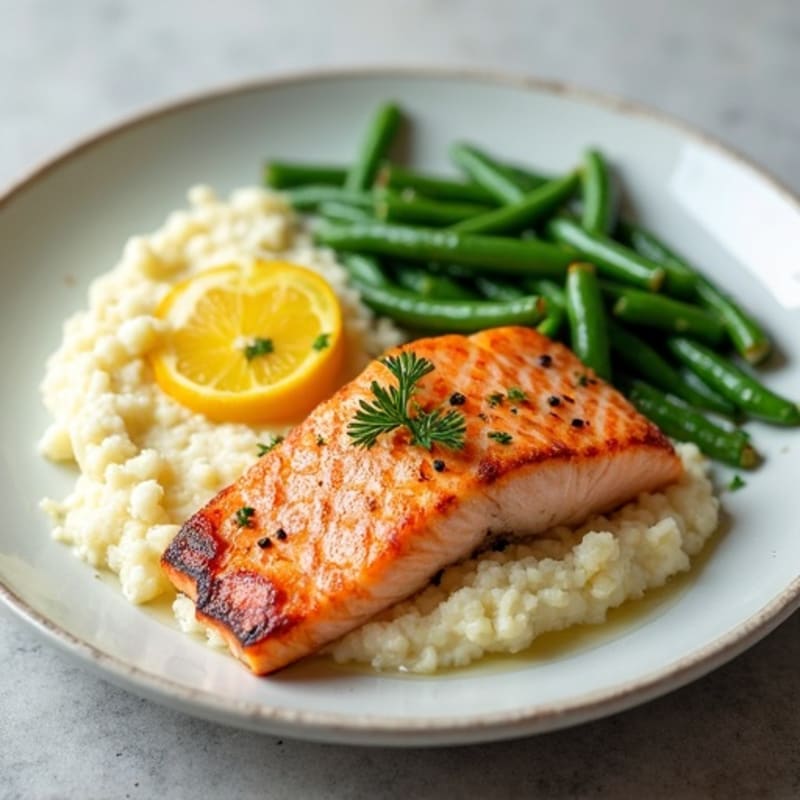 Seared Salmon with Garlic Green Beans and Cauliflower Mash