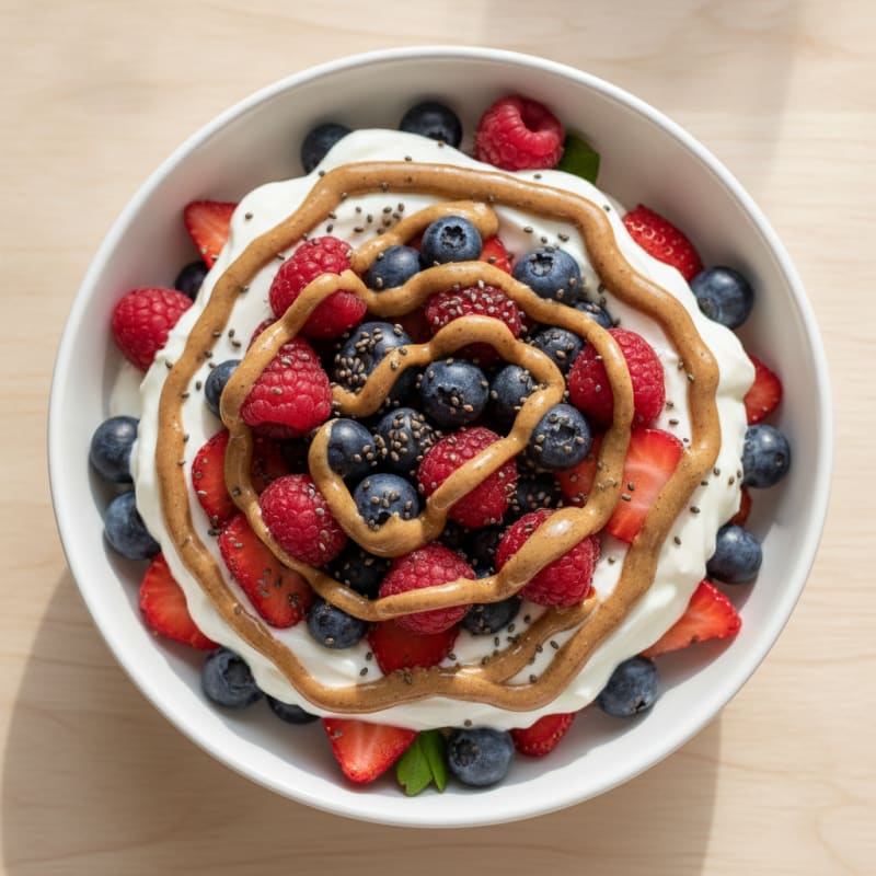 Greek Yogurt Protein Parfait with Mixed Berries and Almond Butter