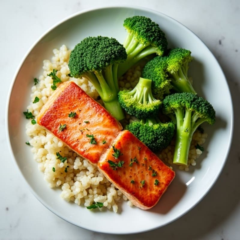 Seared Salmon with Steamed Broccoli and Herbed Cauliflower Rice