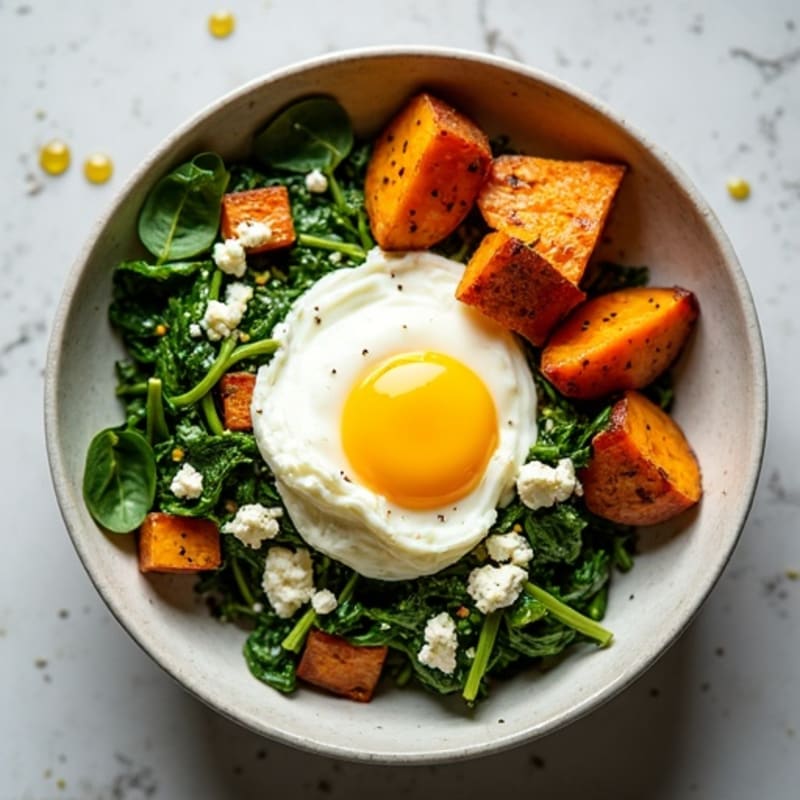 Egg White and Spinach Scramble with Cottage Cheese and Roasted Sweet Potatoes