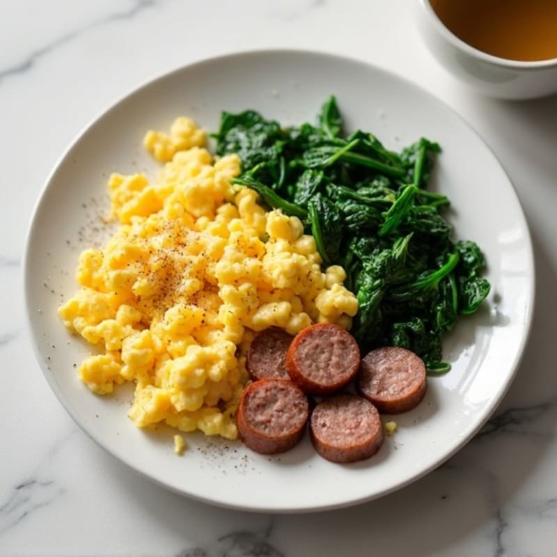 Egg White and Turkey Sausage Scramble with Sautéed Spinach