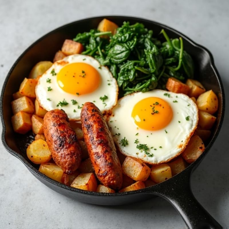 Crispy Potato and Egg Skillet with Lean Turkey Sausage and Sautéed Greens