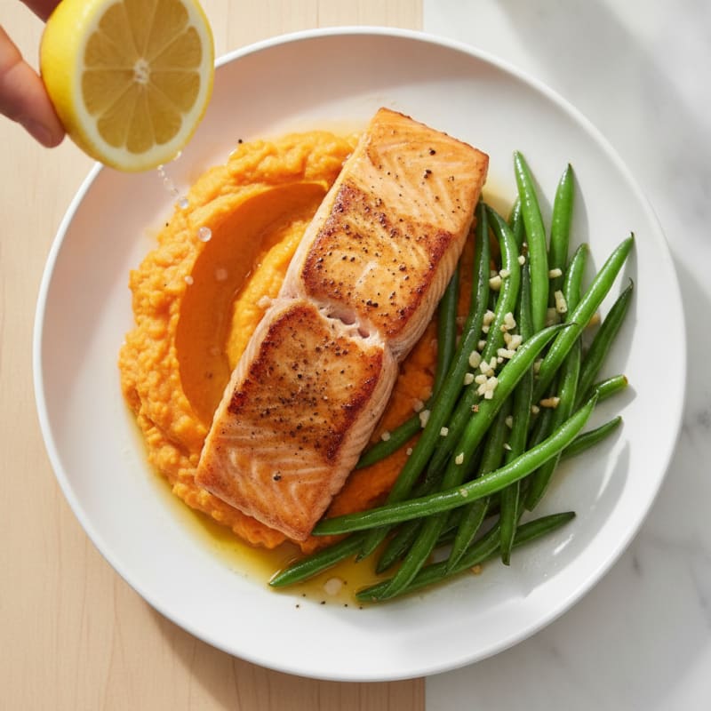 Seared Salmon Fillet with Garlic Green Beans and Mashed Sweet Potato