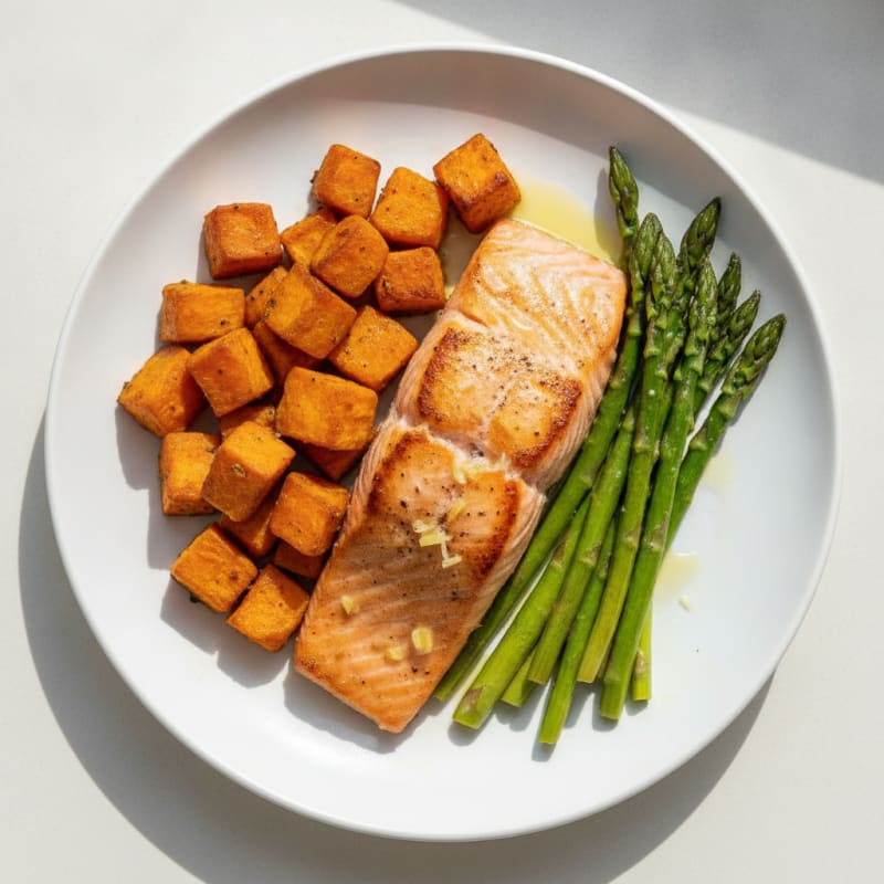 Seared Salmon Fillet with Roasted Sweet Potatoes and Asparagus