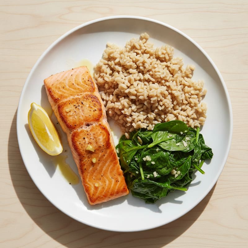 Seared Salmon with Garlic Spinach and Brown Rice