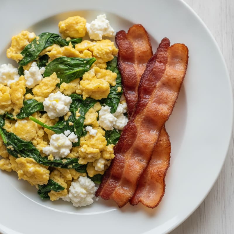 Cottage Cheese Egg Scramble with Spinach and Turkey Bacon