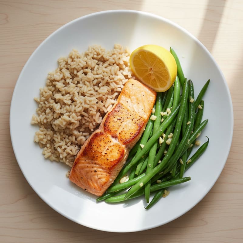 Seared Salmon with Garlic Green Beans and Brown Rice