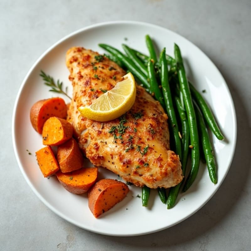 Crispy Lemon-Herb Chicken with Roasted Sweet Potatoes and Green Beans