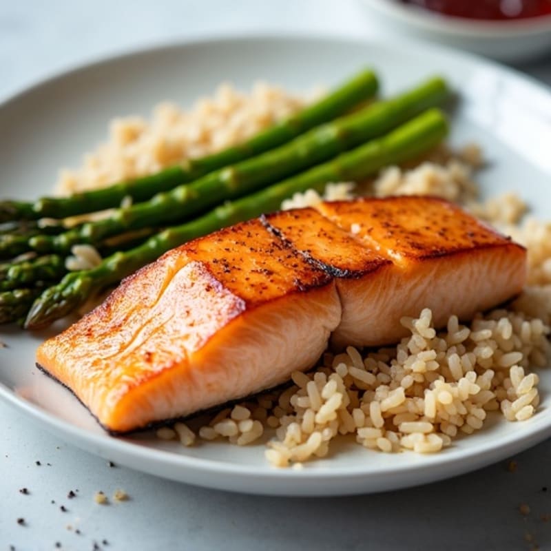 Seared Salmon Fillet with Steamed Asparagus and Brown Rice