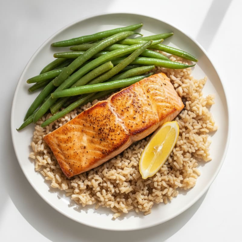 Seared Salmon with Steamed Green Beans and Brown Rice