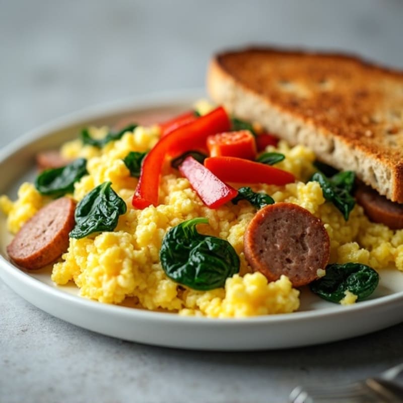 Egg White and Turkey Sausage Scramble with Sautéed Spinach