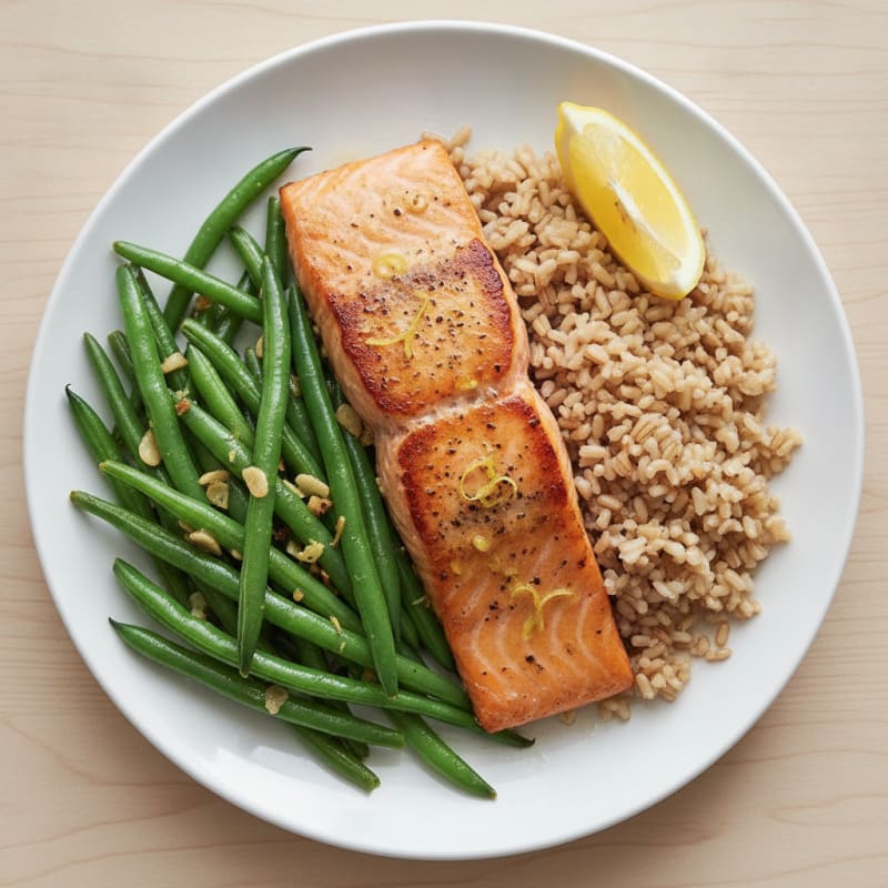 Seared Salmon Fillet with Garlic Green Beans and Brown Rice