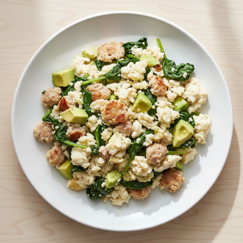 Egg White Scramble with Turkey Sausage and Sautéed Spinach