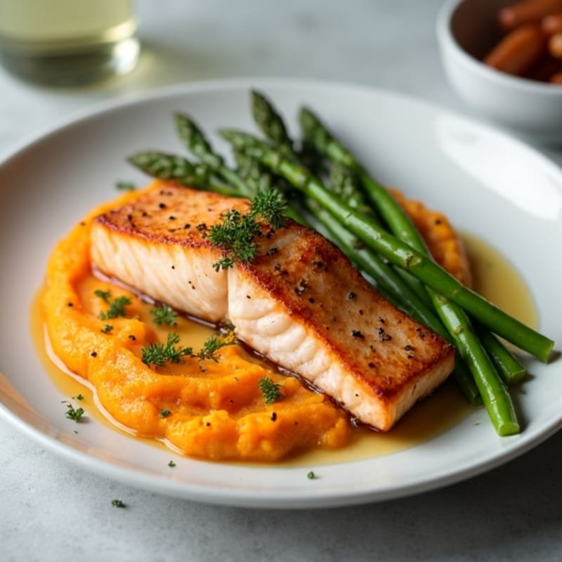 Seared Salmon with Steamed Asparagus and Sweet Potato Mash