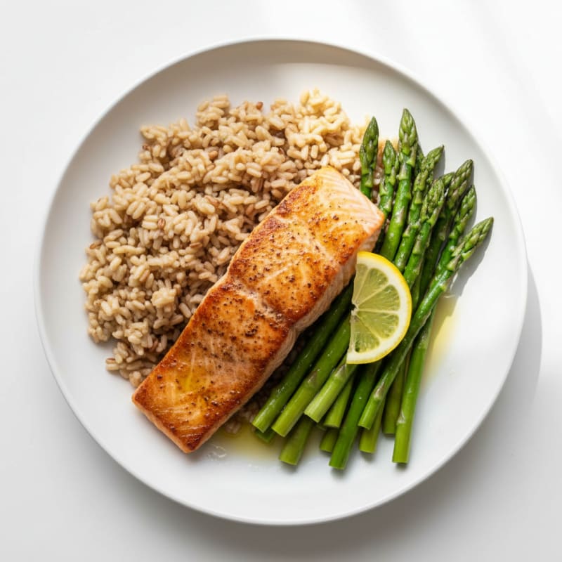 Seared Salmon with Steamed Asparagus and Brown Rice