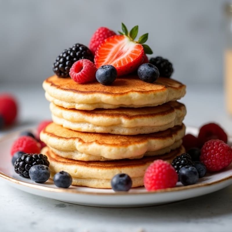Fluffy Protein Cinnamon Swirl Pancakes with Fresh Berries