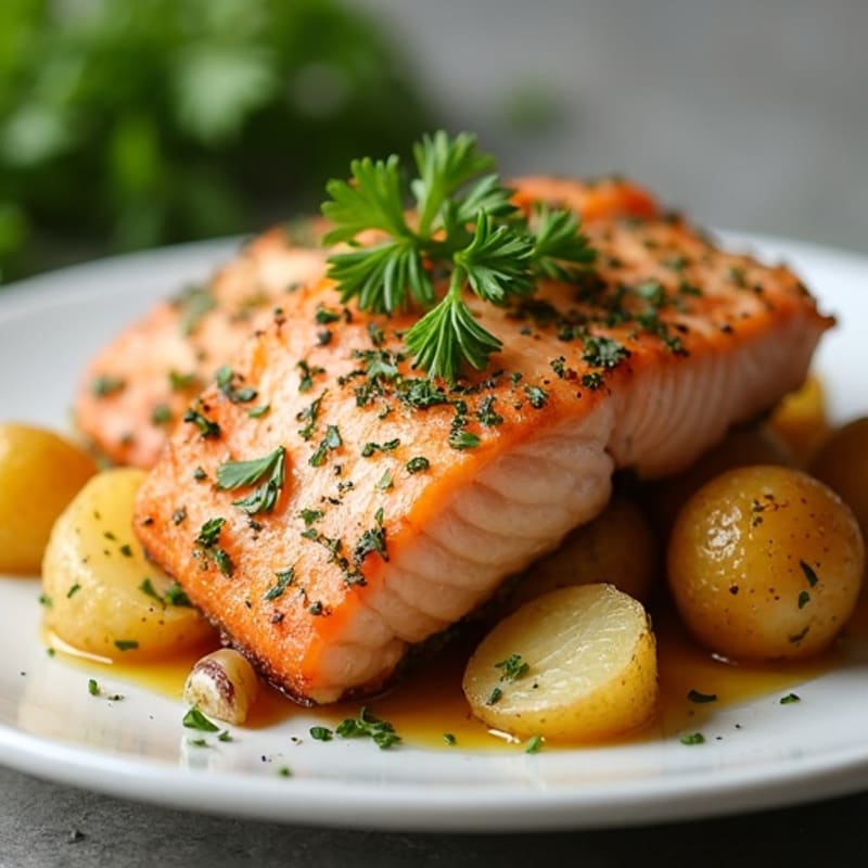 Herb-Crusted Salmon with Crispy Garlic Roasted Potatoes