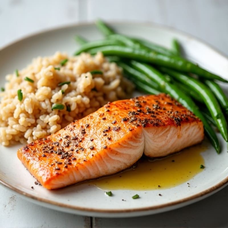 Seared Salmon Fillet with Garlic Green Beans and Brown Rice