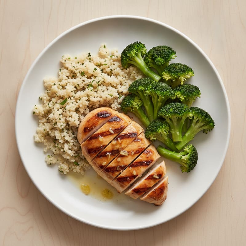 Grilled Chicken Breast with Steamed Broccoli and Quinoa