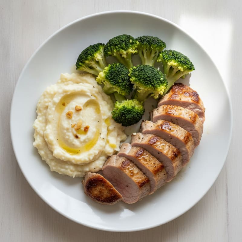 Seared Pork Tenderloin with Steamed Broccoli and Cauliflower Mash