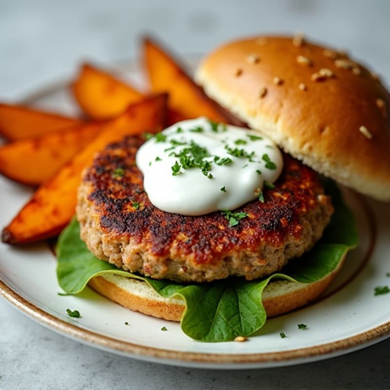 Juicy Herb Turkey Burger with Roasted Sweet Potato Wedges