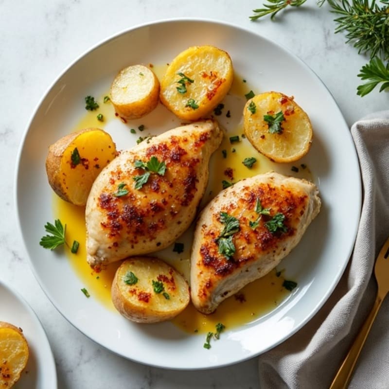 Herb-Roasted Chicken with Crispy Garlic Smashed Potatoes