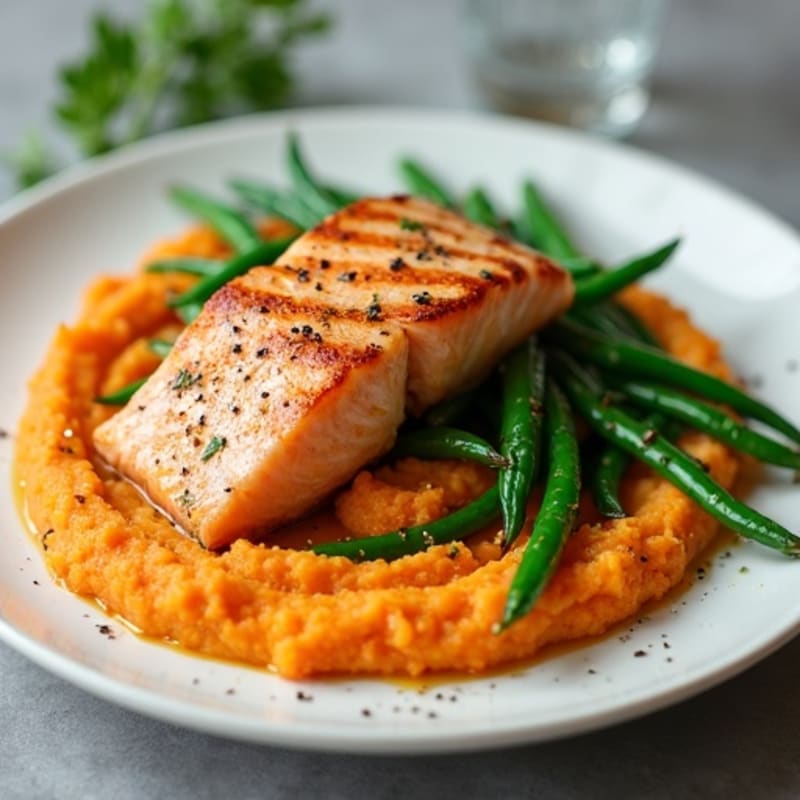 Seared Salmon with Garlic Green Beans and Sweet Potato Mash
