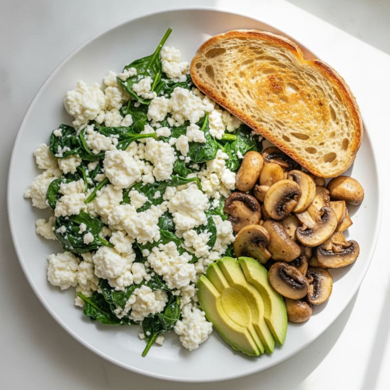 Egg White Spinach Scramble with Cottage Cheese and Sautéed Mushrooms