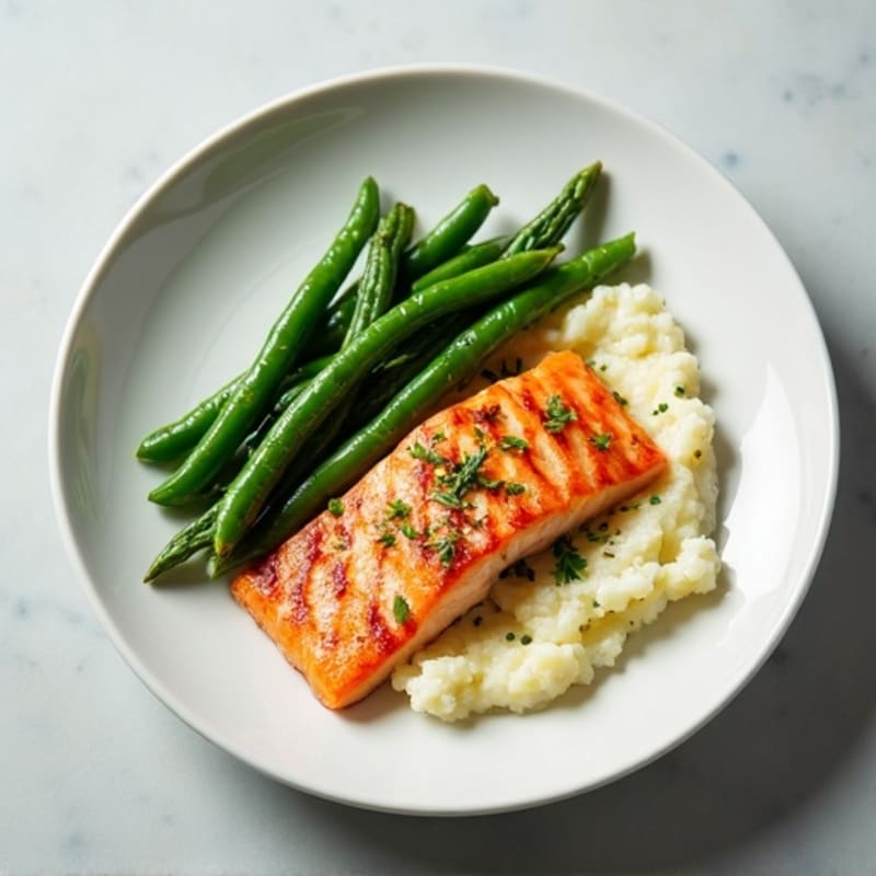 Seared Salmon with Garlic Green Beans and Cauliflower Mash