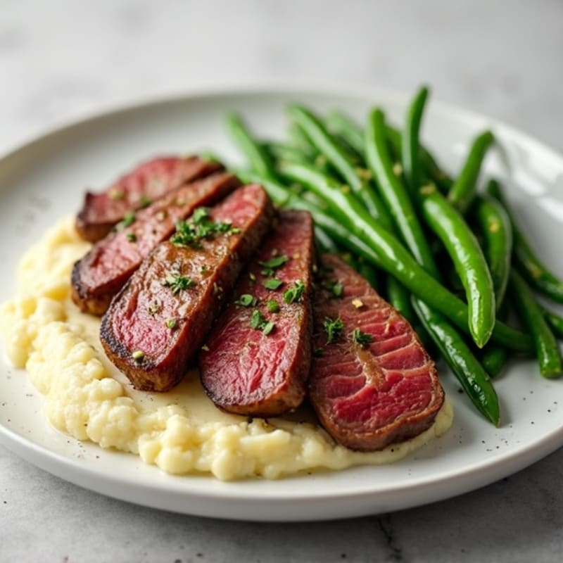 Seared Lean Beef Strips with Steamed Green Beans and Cauliflower Mash